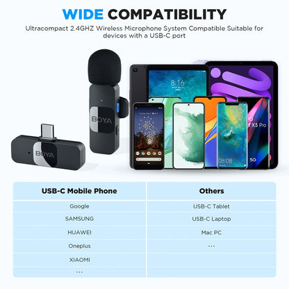 BOYA BY-V1 2.4G Wireless Microphone Clip-On Phone Mic Omnidirectional Mini Lapel Mic 50M Transmission for Iphone 15/14/13/12/11