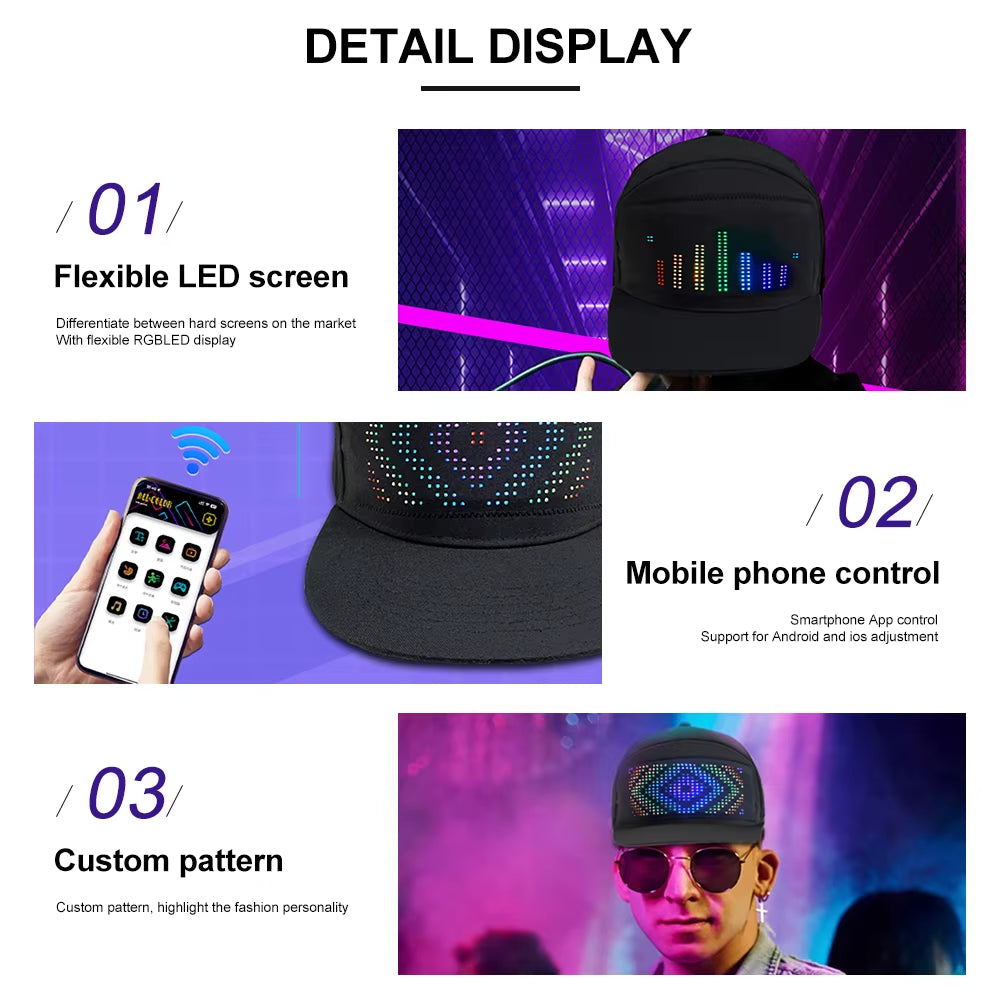 DIY LED Light Display Screen Smart Matrix Hat APP Controlled Display Signs Caps Bluetooth Baseball Hat Hip Hop Party Cool Decor